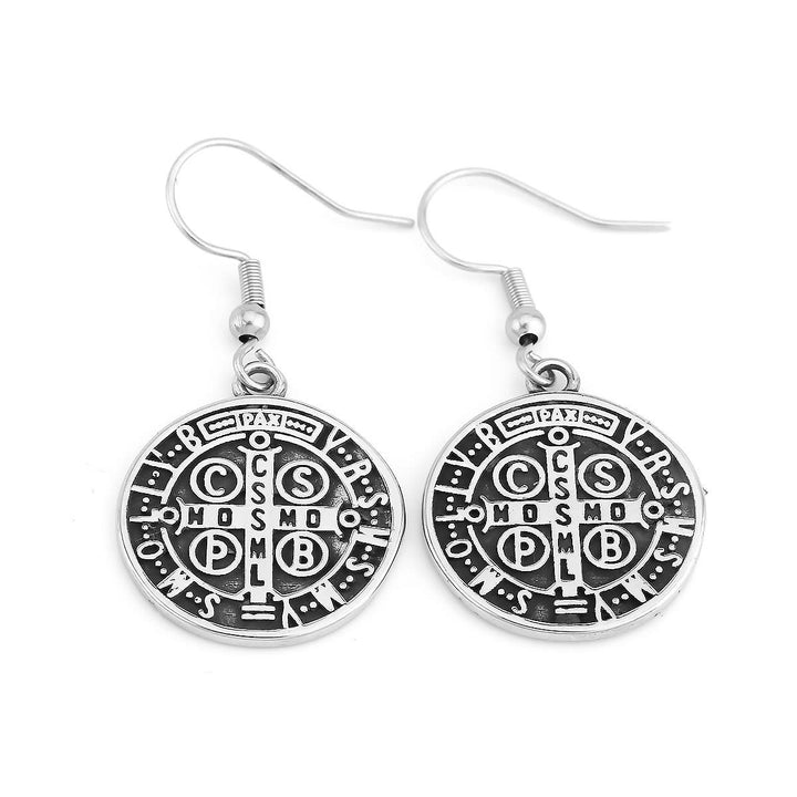 Classic Style St. Benedict Engraved Emblem Divine Protection Earrings
