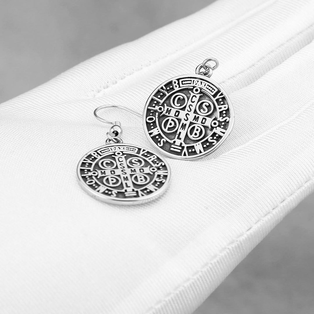 Classic Style St. Benedict Engraved Emblem Divine Protection Earrings