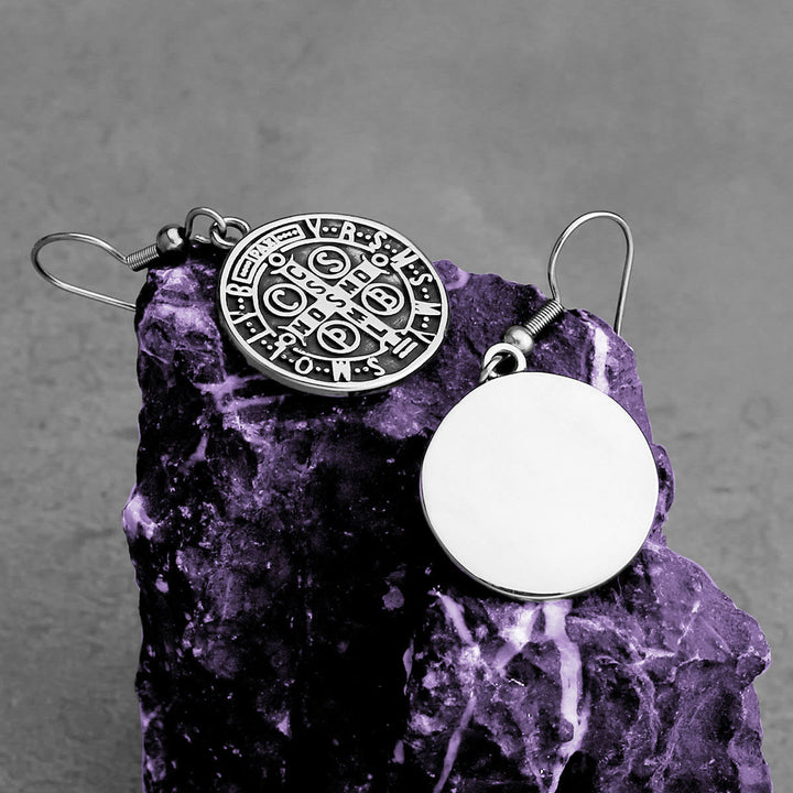 Classic Style St. Benedict Engraved Emblem Divine Protection Earrings
