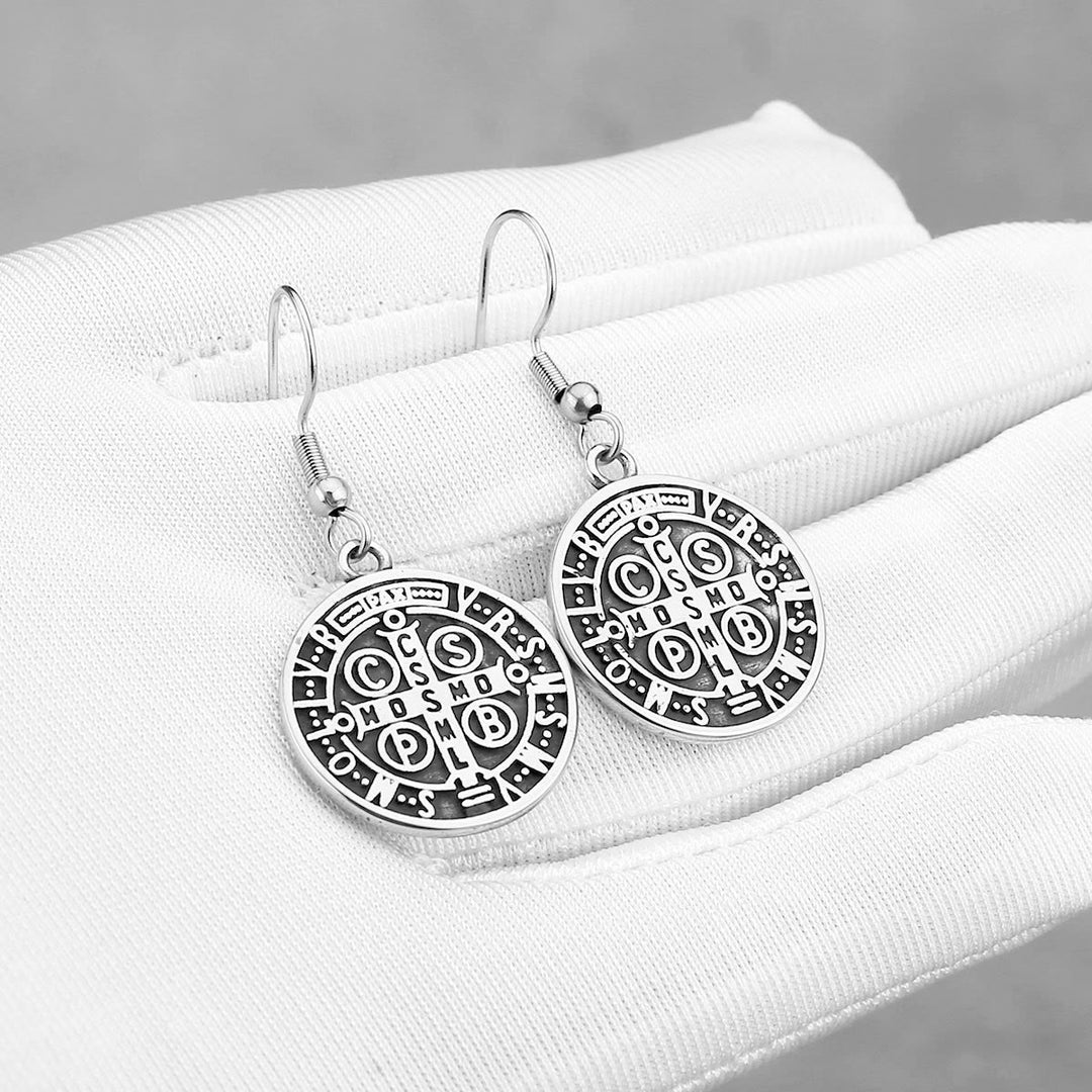 Classic Style St. Benedict Engraved Emblem Divine Protection Earrings