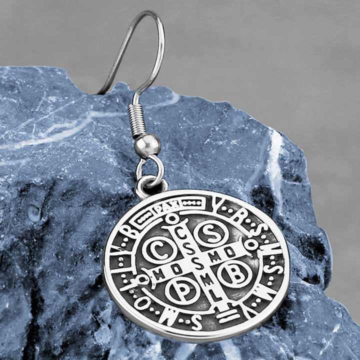 Classic Style St. Benedict Engraved Emblem Divine Protection Earrings