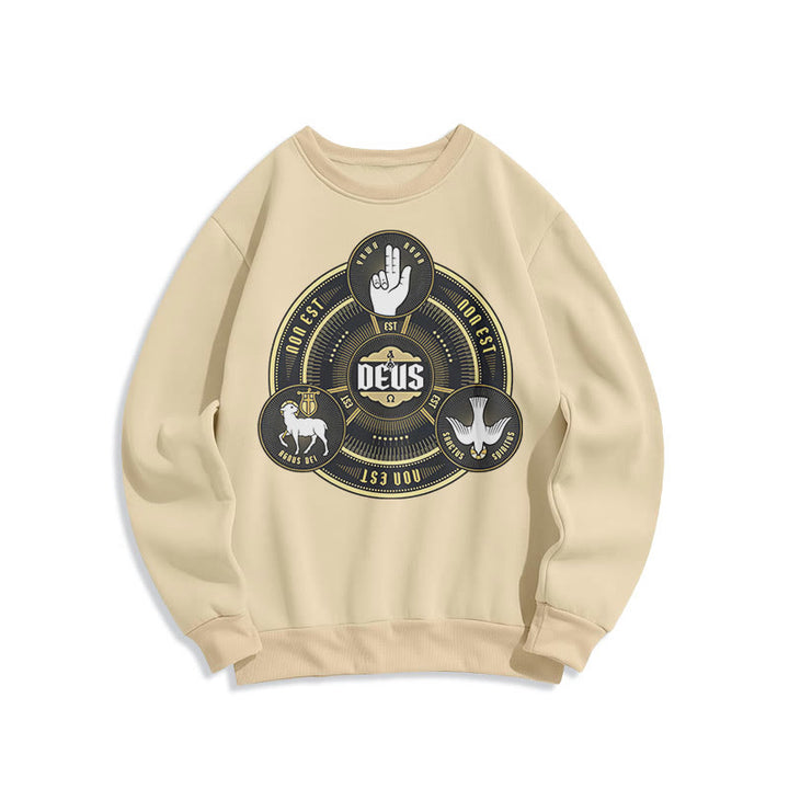 Classic Style Holy Trinity Deus Emblem Fleece Lined Polyester Sweatshirt - Beige - 2XL - image 10