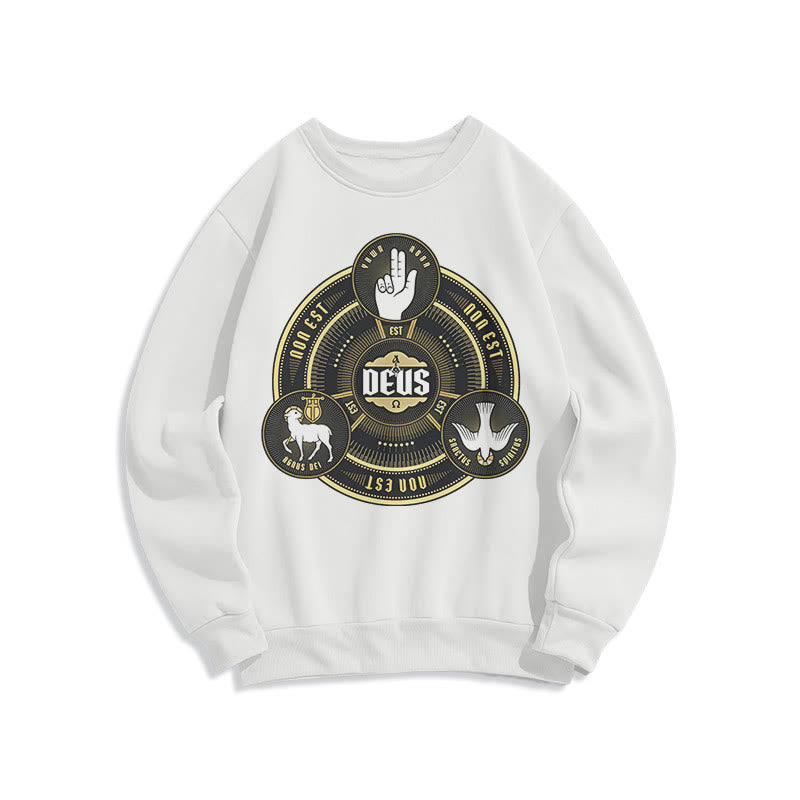 Classic Style Holy Trinity Deus Emblem Fleece Lined Polyester Sweatshirt - White - 2XL - image 0