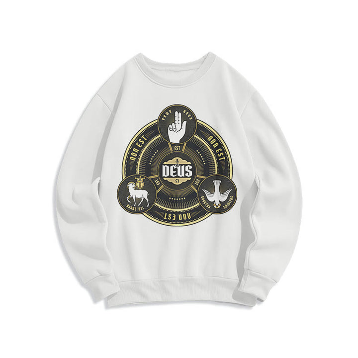 Classic Style Holy Trinity Deus Emblem Fleece Lined Polyester Sweatshirt - White - 2XL - image 0