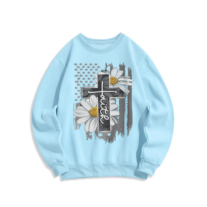 Modern Style Faith Cross and Daisies Fleece Lined Polyester Sweatshirt - Blue - 2XL - image 0