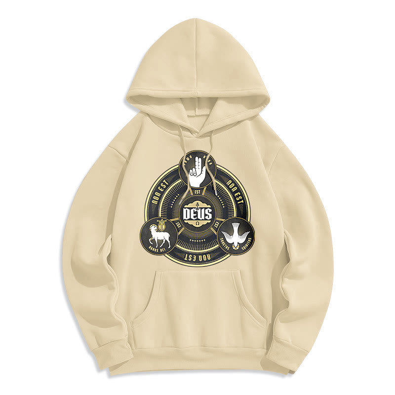 Classic Style Holy Trinity Deus Emblem Fleece Lined Polyester Hoodie - Beige - 2XL - image 10