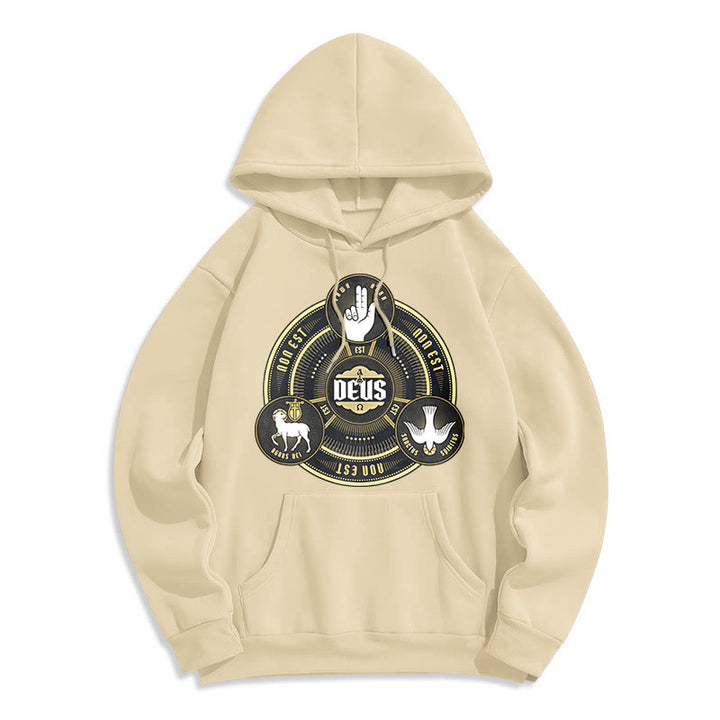 Classic Style Holy Trinity Deus Emblem Fleece Lined Polyester Hoodie - Beige - 2XL - image 10