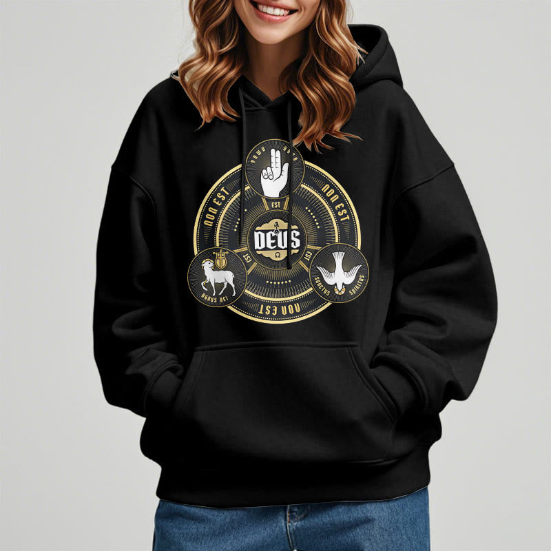 Classic Style Holy Trinity Deus Emblem Fleece Lined Polyester Hoodie