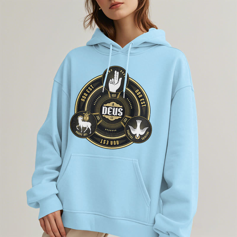 Classic Style Holy Trinity Deus Emblem Fleece Lined Polyester Hoodie