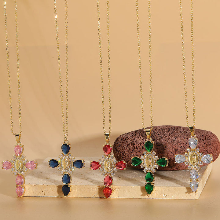 Modern Style Our Lady of Guadalupe Cross Zircon Pendants Necklace