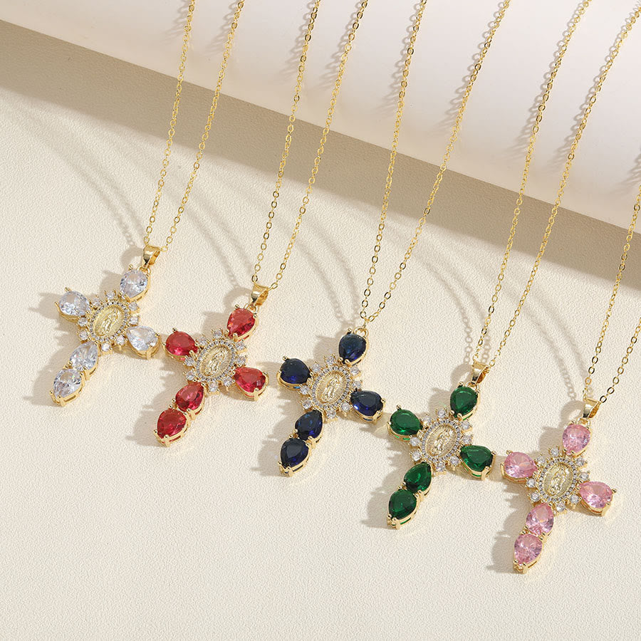 Modern Style Our Lady of Guadalupe Cross Zircon Pendants Necklace