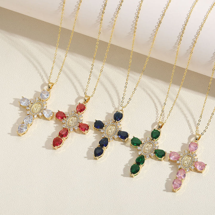 Modern Style Our Lady of Guadalupe Cross Zircon Pendants Necklace