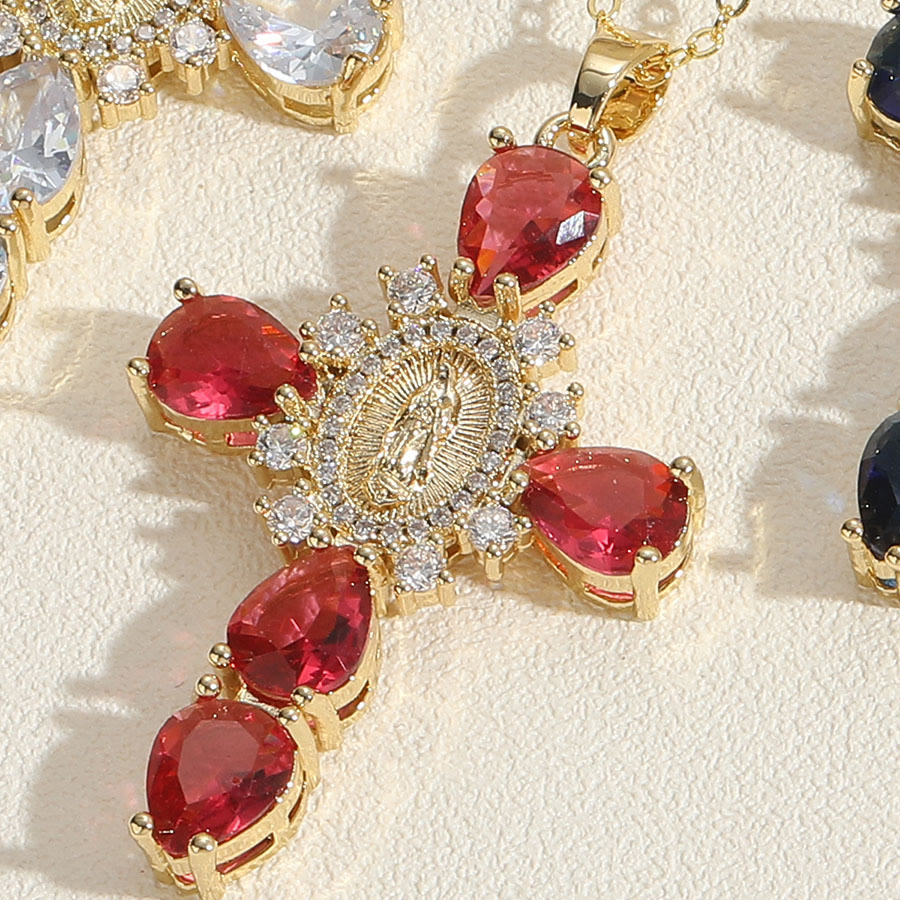 Modern Style Our Lady of Guadalupe Cross Zircon Pendants Necklace - Red - image 3