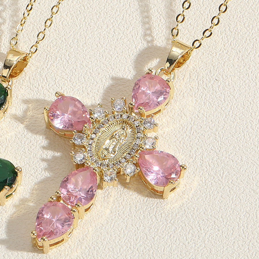 Modern Style Our Lady of Guadalupe Cross Zircon Pendants Necklace - Pink - image 1