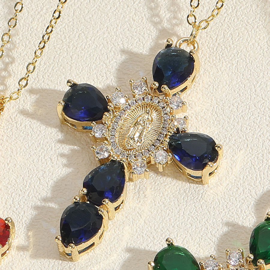 Modern Style Our Lady of Guadalupe Cross Zircon Pendants Necklace - Blue - image 2