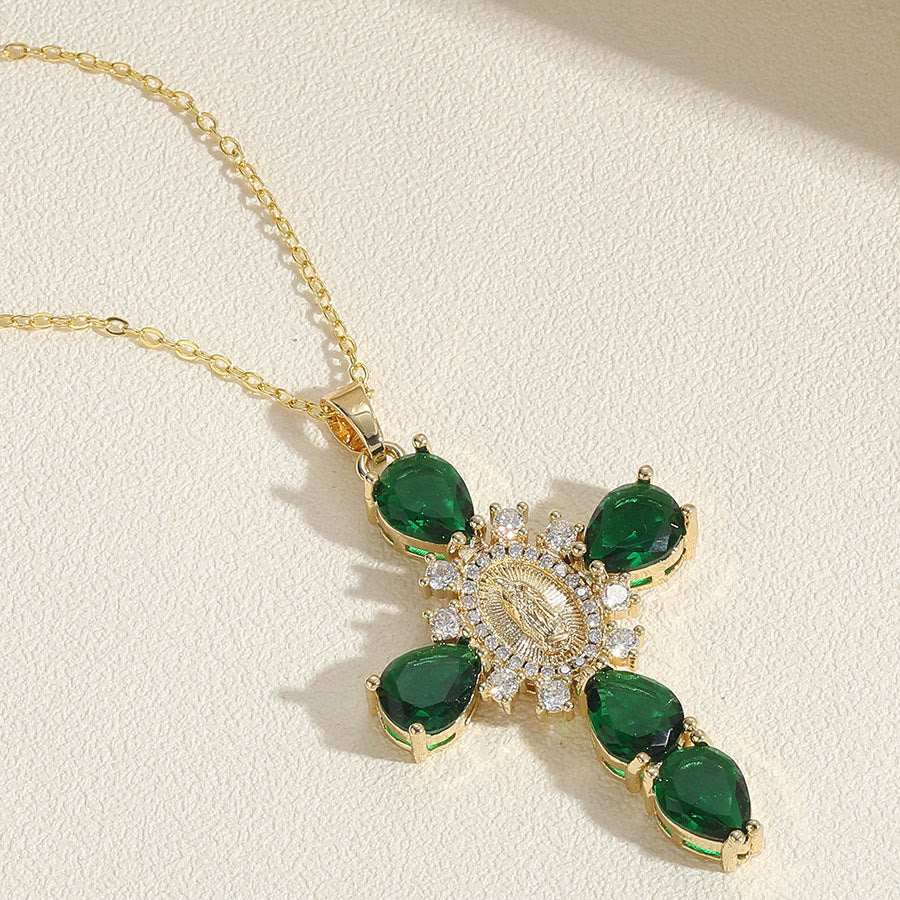 Modern Style Our Lady of Guadalupe Cross Zircon Pendants Necklace - Green - image 4
