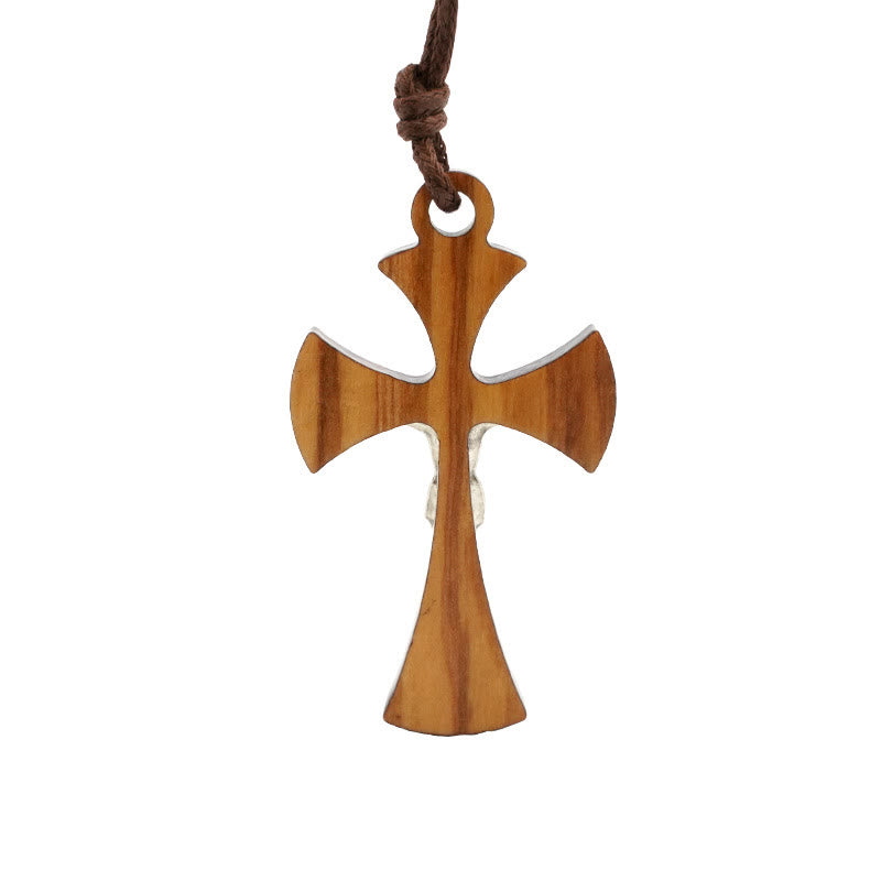 Classic Style Curved Olive Wood Crucifix Cross Pendant Necklace