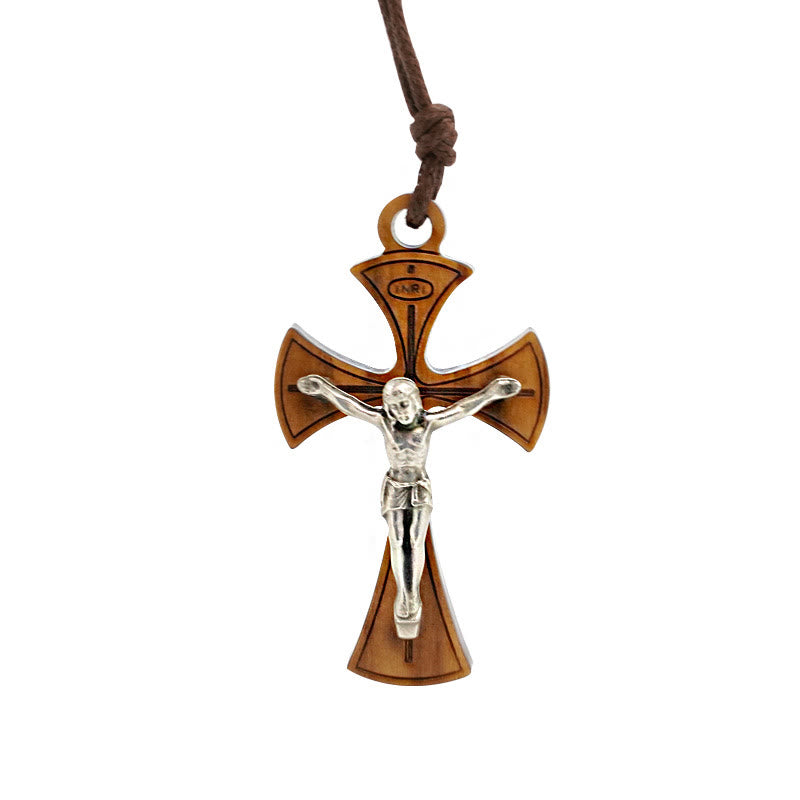 Classic Style Curved Olive Wood Crucifix Cross Pendant Necklace