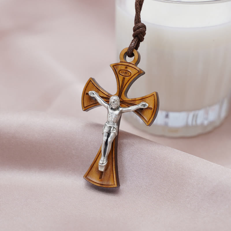 Classic Style Curved Olive Wood Crucifix Cross Pendant Necklace