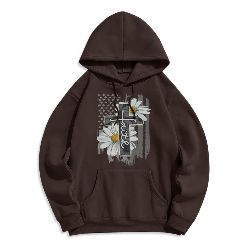 Modern Style Faith Cross and Daisies Fleece Lined Polyester Hoodie - Brown - 2XL - image 15