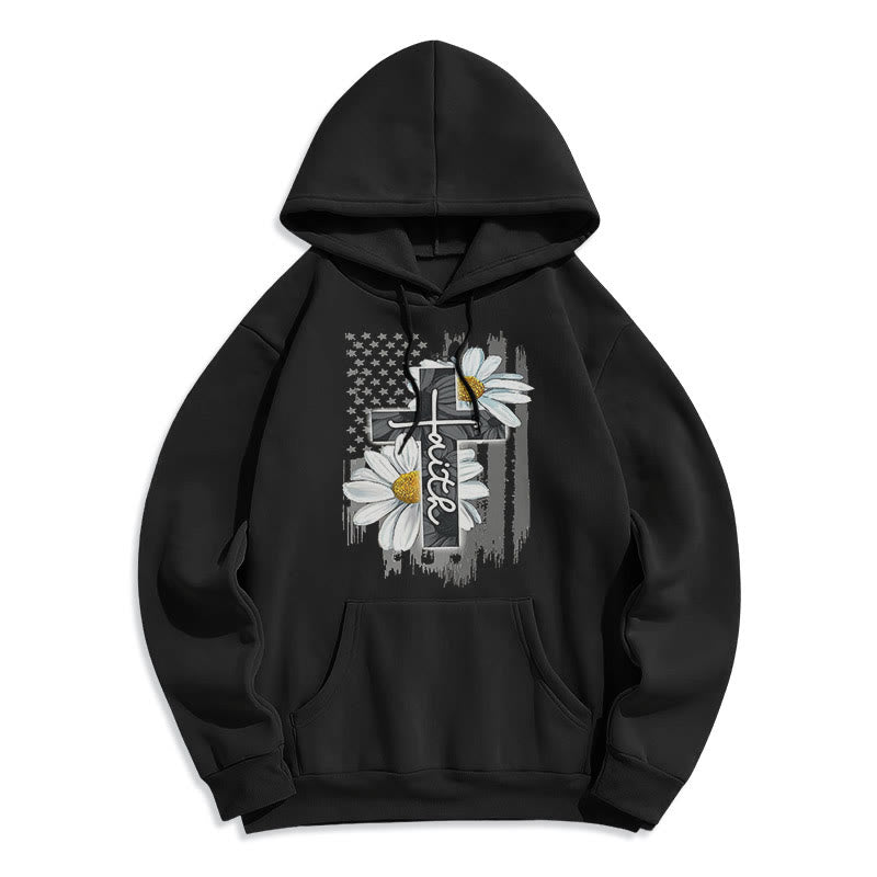 Modern Style Faith Cross and Daisies Fleece Lined Polyester Hoodie - Black - 2XL - image 0