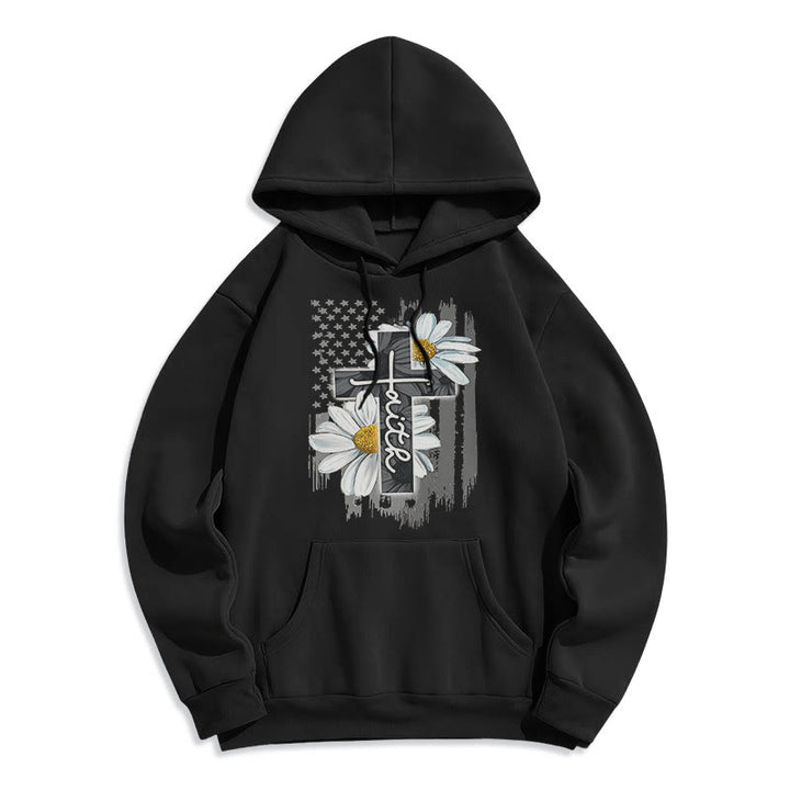 Modern Style Faith Cross and Daisies Fleece Lined Polyester Hoodie - Black - 2XL - image 0
