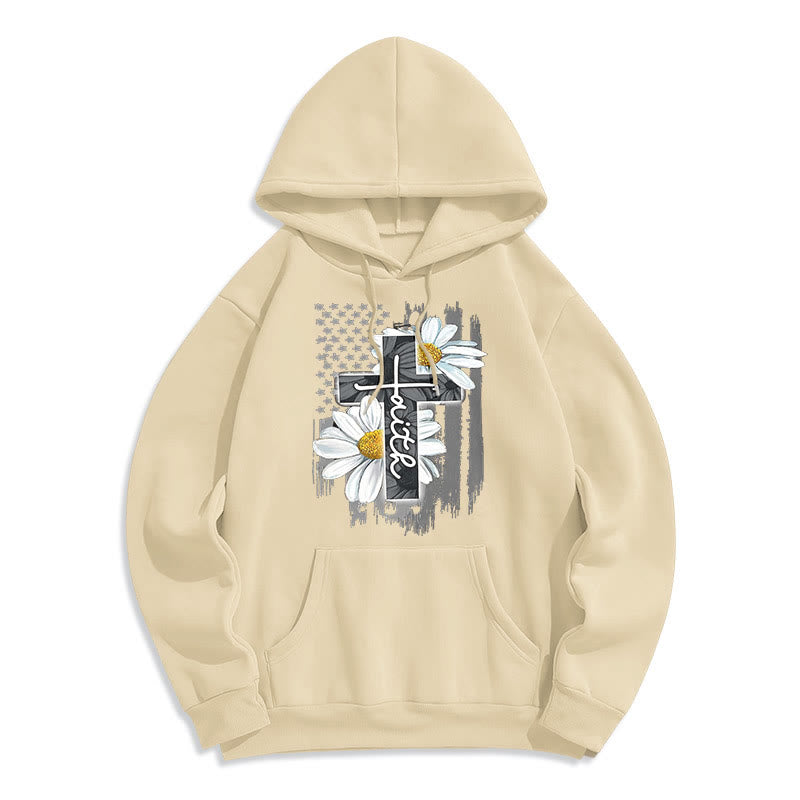 Modern Style Faith Cross and Daisies Fleece Lined Polyester Hoodie - Beige - 2XL - image 10