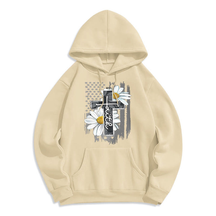 Modern Style Faith Cross and Daisies Fleece Lined Polyester Hoodie - Beige - 2XL - image 10