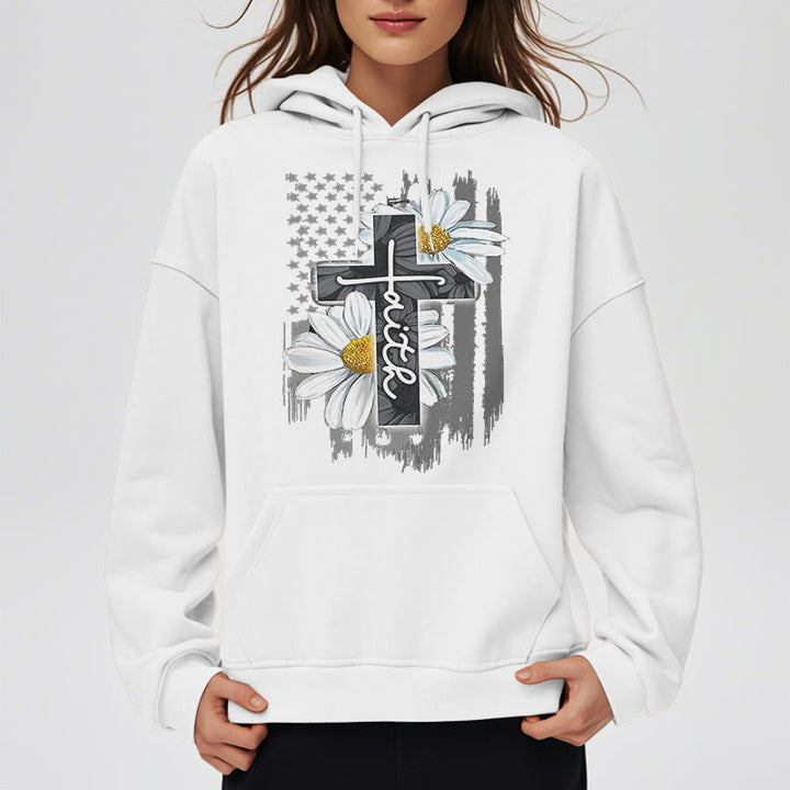 Modern Style Faith Cross and Daisies Fleece Lined Polyester Hoodie - image 7