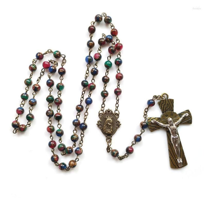 Virgin Mary & Crucifix of 6 mm Round Multicolor Stone Alloy Chain Rosary