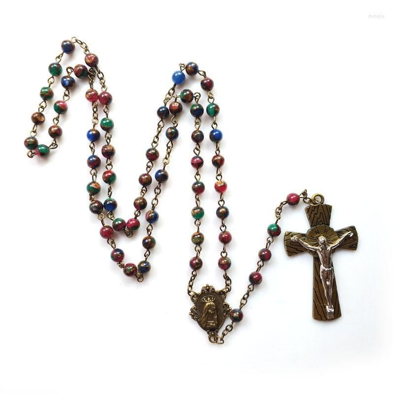Virgin Mary & Crucifix of 6 mm Round Multicolor Stone Alloy Chain Rosary - image 4