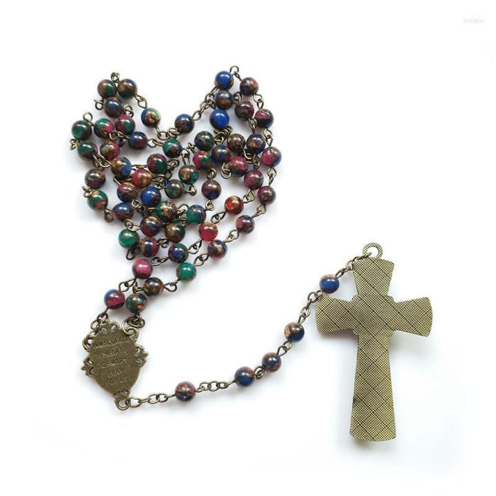 Virgin Mary & Crucifix of 6 mm Round Multicolor Stone Alloy Chain Rosary