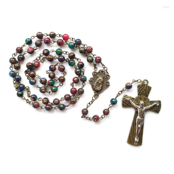Virgin Mary & Crucifix of 6 mm Round Multicolor Stone Alloy Chain Rosary