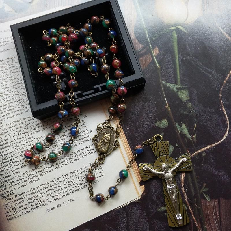 Virgin Mary & Crucifix of 6 mm Round Multicolor Stone Alloy Chain Rosary - image 1