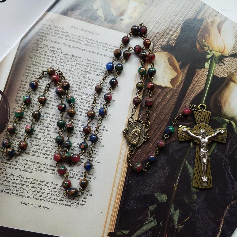 Virgin Mary & Crucifix of 6 mm Round Multicolor Stone Alloy Chain Rosary