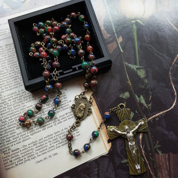 Virgin Mary & Crucifix of 6 mm Round Multicolor Stone Alloy Chain Rosary