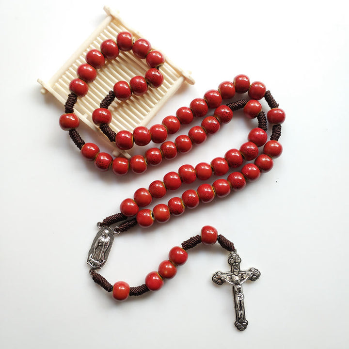 Our Lady of Guadalupe & Crucifix of 10 mm Round Red Ceramic Nylon Cord Rosary - image 3
