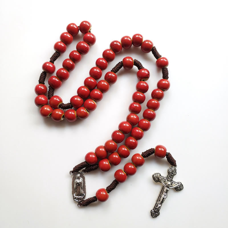 Our Lady of Guadalupe & Crucifix of 10 mm Round Red Ceramic Nylon Cord Rosary - image 4