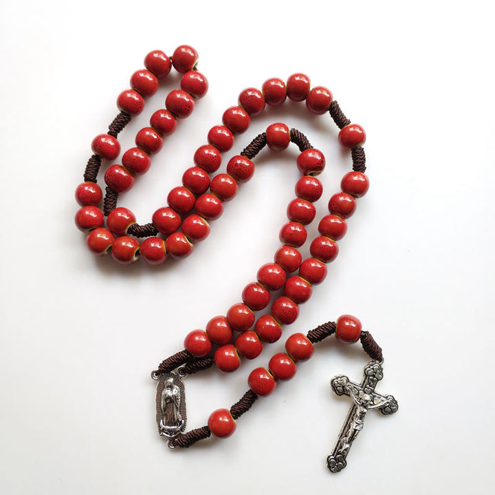 Our Lady of Guadalupe & Crucifix of 10 mm Round Red Ceramic Nylon Cord Rosary - image 4