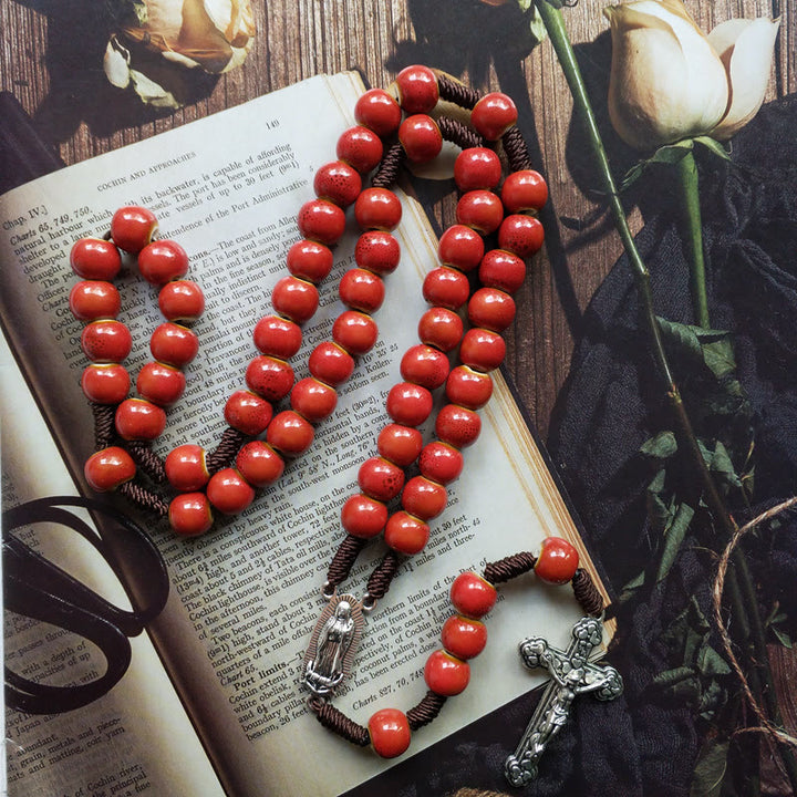 Our Lady of Guadalupe & Crucifix of 10 mm Round Red Ceramic Nylon Cord Rosary - image 1