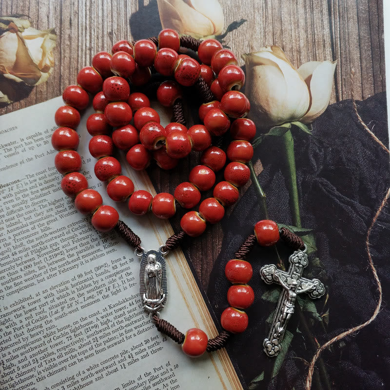Our Lady of Guadalupe & Crucifix of 10 mm Round Red Ceramic Nylon Cord Rosary - image 2