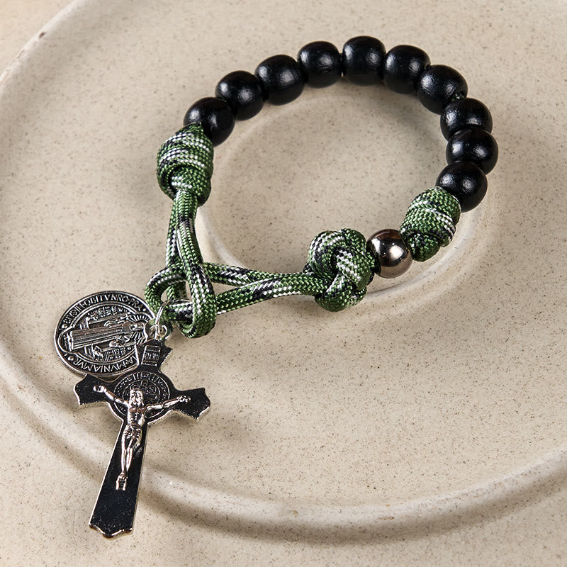 Christianartworkshop St. Benedict Medal & Crucifix of 10 mm Round Black Wood Green Paracord Pocket Rosary - image 5