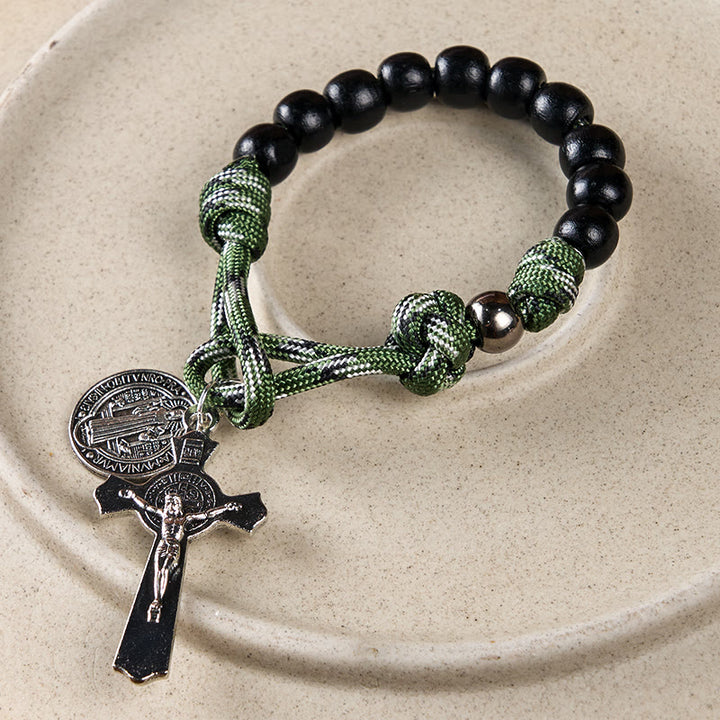 Christianartworkshop St. Benedict Medal & Crucifix of 10 mm Round Black Wood Green Paracord Pocket Rosary - image 5