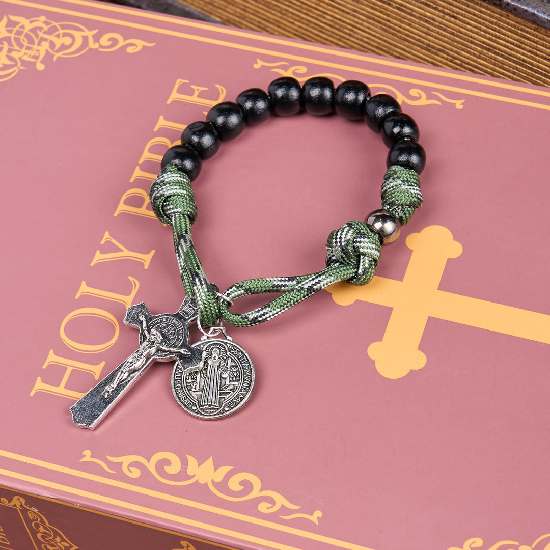 Christianartworkshop St. Benedict Medal & Crucifix of 10 mm Round Black Wood Green Paracord Pocket Rosary - Green Cord - image 0