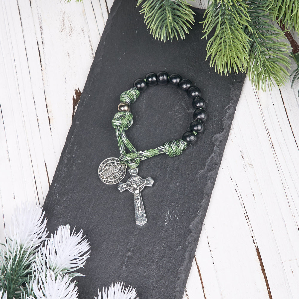 Christianartworkshop St. Benedict Medal & Crucifix of 10 mm Round Black Wood Green Paracord Pocket Rosary - image 1