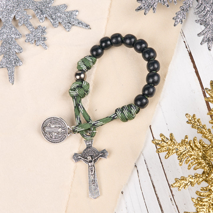 Christianartworkshop St. Benedict Medal & Crucifix of 10 mm Round Black Wood Green Paracord Pocket Rosary - image 2