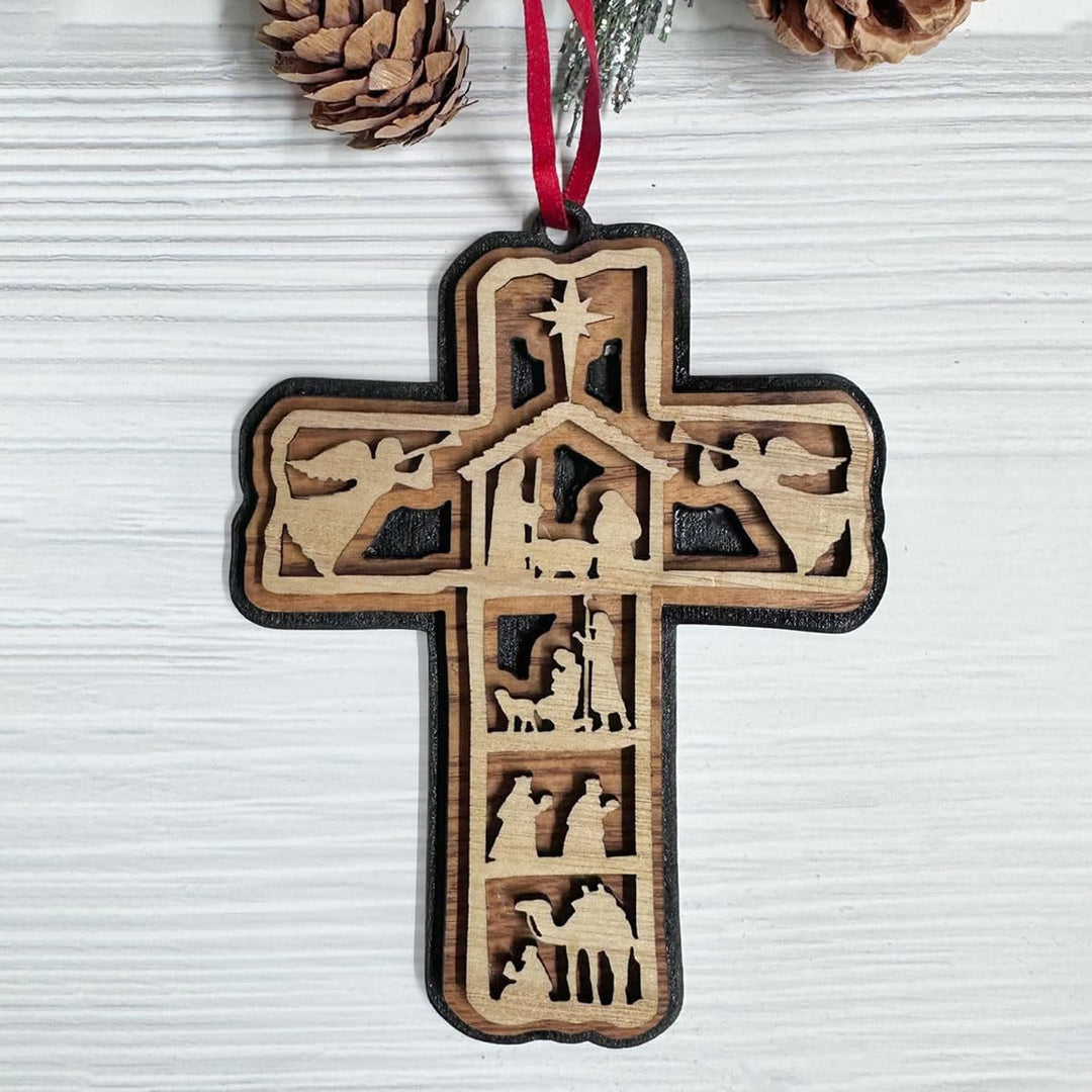 Christianartworkshop Classic Style Cross Nativity Scene Angel Lamb Christmas Nativity Hanging Ornaments - Nativity Scene - image 0