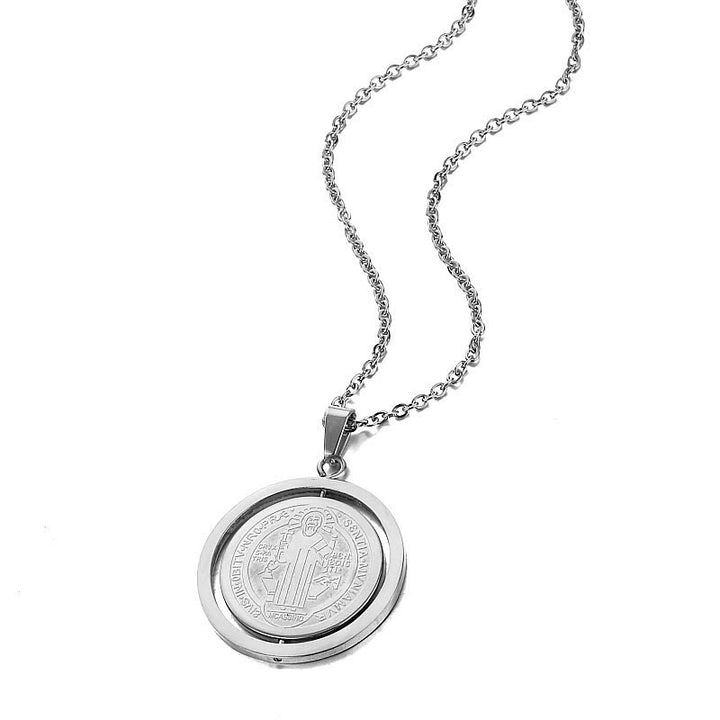 Classic Style Dual-Sided Rotatable St. Benedict Medal Pendant Necklace - Silver - image 3
