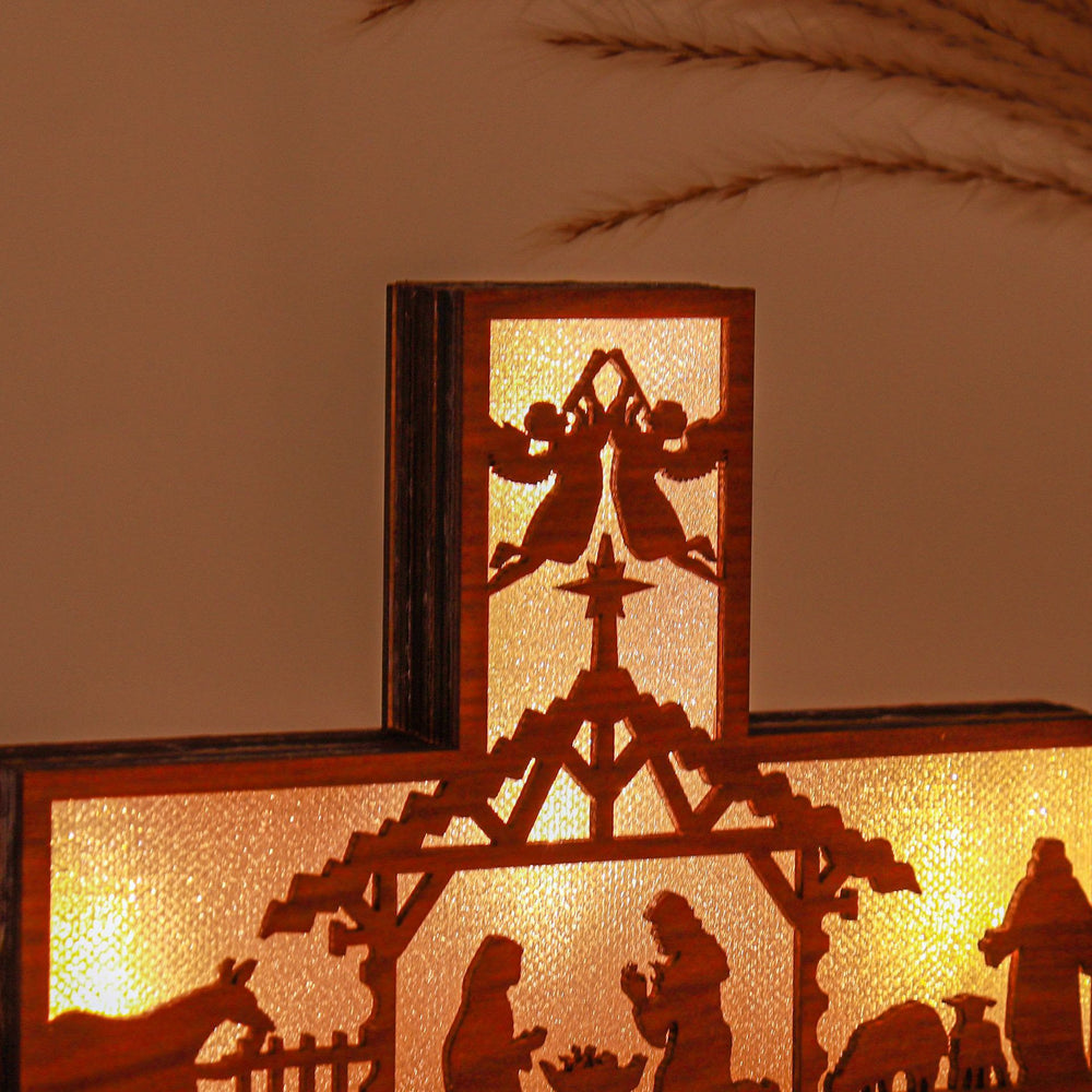 Christianartworkshop Classic Style Angels Nativity Scene Cross Light Up Wooden Desktop Decorations Ornament - image 1