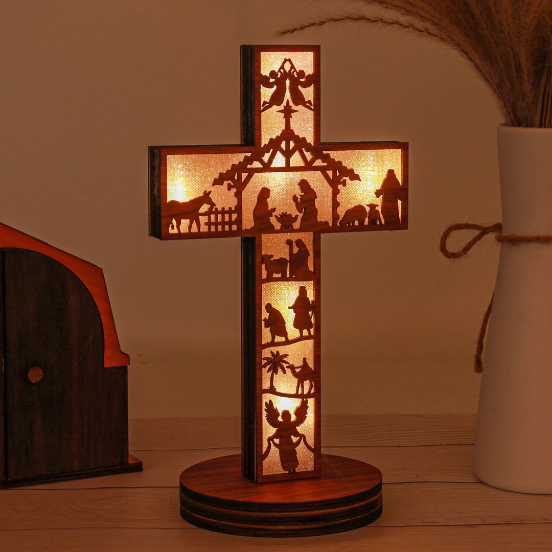 Christianartworkshop Classic Style Angels Nativity Scene Cross Light Up Wooden Desktop Decorations Ornament - Nativity Scene - image 0
